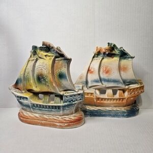 Vintage Chalkware Nautical Sailboat Bookends‎ Painted Coastal Decor Set Of 2